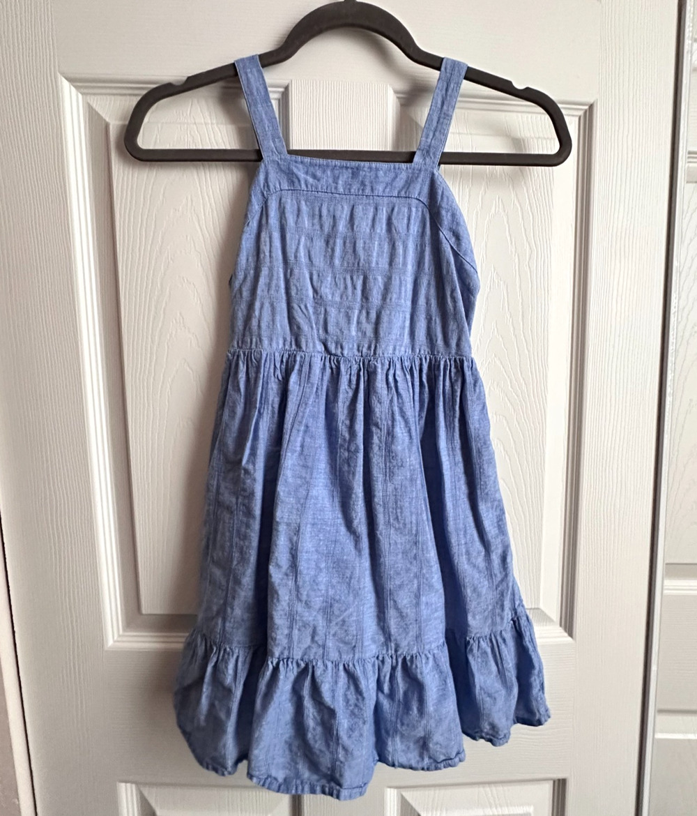 Cat & Jack Sundress Girls MED 7/8 Blue Chambray Sleeveless Keyhole Bow Back